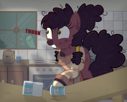 Size: 3000x2400 | Tagged: safe, artist:devfield, oc, oc only, oc:coffee blend, species:pony, apocalypse, backpack, beans, blurred background, broken, broken glass, can, clothing, cloven hooves, commission, cupboard, dial, dirty, female, food, hair accessory, jewelry, messy mane, offscreen character, oven, shadow, shocked, shocked expression, show accurate, spots, stove, sweater, table, tiles, undead, window, zombie, zombie pony