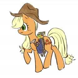 Size: 1670x1670 | Tagged: safe, artist:laya-21, character:applejack, species:earth pony, species:pony, belt, book, clothing, cowboy hat, female, hammer, hat, mare, profile, raised hoof, simple background, solo, tools, utility belt, white background