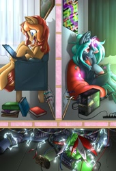 Size: 1920x2824 | Tagged: safe, artist:ravvij, oc, oc:peanut bucker, oc:proxy server, oc:wandering sunrise, species:earth pony, species:pony, book, chair, commission, computer, curtains, cute, electricity, electricute, female, floor, freckles, funny, gem, gemstones, hooves, impractical, insulation, laptop computer, light, magic, mane, mare, painting, pipbuck, poster, promotional art, room, shock, trotcon, vent, wall, wires