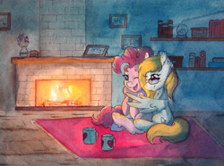 Size: 5712x4260 | Tagged: safe, artist:lightisanasshole, character:pinkie pie, oc, oc:cloud cuddler, species:earth pony, species:pegasus, species:pony, book, bookshelf, carpet, cuddling, cup, dark, duo, duo female, female, fire, fireplace, flower, glasses, looking at each other, one eye closed, pegasus oc, photos, shipping, shipping fuel, sitting, snow globe, wings, wink