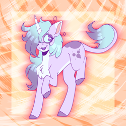 Size: 3300x3300 | Tagged: safe, artist:tuzz-arts, oc, oc only, oc:sugar rain, species:classical unicorn, species:pony, species:unicorn, butt freckles, chest fluff, colored hooves, female, freckles, leonine tail, multicolored hair, orange background, simple background, solo, traditional unicorn tail