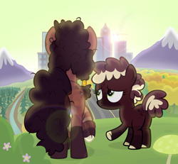 Size: 2300x2125 | Tagged: safe, artist:devfield, oc, oc only, oc:coffee blend, oc:ginger, autumn, building, bush, city, cityscape, clock, clothing, cloven hooves, commission, crane, different muzzle colour, female, filly, flower, glow, glowing mushroom, green sky, hair accessory, hill, jewelry, lens flare, messy mane, mother and child, mother and daughter, mountain, mushroom, outdoors, pine tree, raised hoof, rear view, river, road, scenery, show accurate, sky, snow, spots, sweater, tree, two toned mane, two toned tail, window, worried