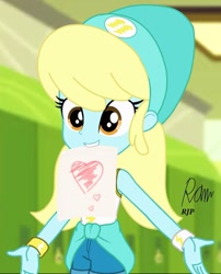 Size: 849x1050 | Tagged: safe, artist:rjp.rammy, character:sassaflash, my little pony:equestria girls, beanie, bracelet, clothing, cute, equestria girls-ified, female, hat, heart, jewelry, locker, mouth hold, paper, shorts, solo, tank top