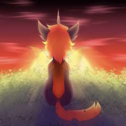 Size: 3300x3300 | Tagged: safe, artist:tuzz-arts, oc, oc only, oc:armber, species:changeling, changeling oc, facing away, female, orange changeling, simple background, sitting, solo, sunset