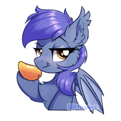 Size: 1500x1500 | Tagged: safe, artist:ravistdash, oc, oc only, species:bat pony, species:pony, cheek fluff, ear fluff, food, looking at you, mango, simple background, smiling, smirk, solo, that face, transparent background, underhoof, watermark