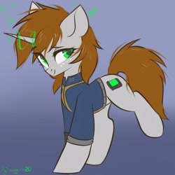 Size: 1600x1600 | Tagged: safe, artist:hydrargyrum, oc, oc only, oc:littlepip, species:pony, species:unicorn, fallout equestria, clothing, cute, fanfic, fanfic art, female, freckles, gradient background, heart, hooves, horn, looking at you, magic, mare, pipbuck, raised leg, smiling, solo, vault suit
