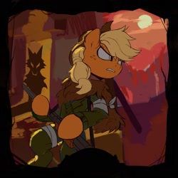 Size: 2008x2008 | Tagged: safe, artist:drtuo4, character:applejack, species:earth pony, species:pony, applejack's hat, armor, bandage, bandolier, clothing, cowboy hat, female, gun, hat, hunter, monster hunter, offscreen character, ponytail, shadow, silhouette, sketch, solo, weapon, werewolf