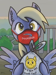 Size: 1280x1707 | Tagged: safe, artist:catscratchpaper, character:derpy hooves, species:pegasus, species:pony, bag, coronavirus, covid-19, cute, delivery, derp, derpabetes, doordash, ear fluff, female, food, helpful, hoof hold, looking at you, mare, mask, porch, pun, solo, spread wings, wings