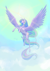 Size: 2480x3508 | Tagged: safe, artist:dalagar, character:princess celestia, species:alicorn, species:pony, cloud, cloven hooves, female, flying, high res, hoers, leonine tail, majestic, mare, sky, solo, unshorn fetlocks