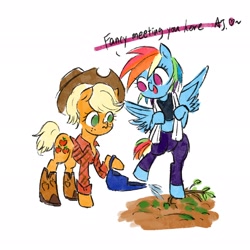 Size: 2048x2048 | Tagged: safe, artist:laya-21, character:applejack, character:rainbow dash, species:earth pony, species:pegasus, species:pony, ship:appledash, alternate hairstyle, bipedal, boots, clothing, cowboy boots, cowboy hat, female, hat, lesbian, mare, no pupils, rainbow douche, shipping, shirt, shoes, simple background, watering can, white background
