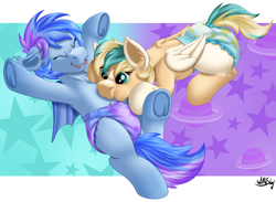 Size: 2726x1990 | Tagged: safe, artist:wittleskaj, oc, oc:astral flare, oc:sun light, species:bat pony, species:pegasus, species:pony, bat pony oc, bat wings, diaper, female, filly, foal, non-baby in diaper, pegasus oc, pullup (diaper), raspberry, tongue out, wings