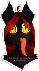 Size: 913x1637 | Tagged: safe, artist:obscuredragone, oc, oc only, oc:blaze shadow, species:alicorn, species:pony, species:unicorn, big eyes, black fur, broken horn, bust, cute, ears, ears up, edgy, fur, glowing eyes, good boy, horn, long hair, long tongue, male, mane, mlem, red hair, shiny eyes, silly, simple background, solo, stallion, sweet, tongue out, transparent background