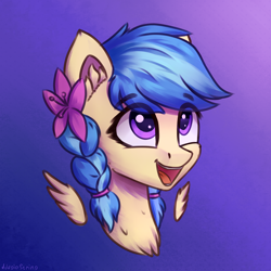 Size: 3000x3000 | Tagged: safe, artist:adagiostring, oc, oc only, oc:jeppesen, species:pegasus, species:pony, braid, bust, commission, cute, flower, flower in hair, head shot, pegasus oc, portrait, purple eyes, simple background, smiling, twin braids, wings, your character here