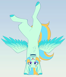 Size: 3340x3873 | Tagged: safe, artist:tuzz-arts, oc, oc only, oc:cool ginger, species:pegasus, species:pony, chest fluff, choker, colored hooves, colored wings, femboy, handstand, lipstick, male, multicolored hair, multicolored wings, nonbinary, simple background, solo, upside down, wings