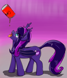 Size: 1494x1756 | Tagged: safe, artist:fluor1te, oc, oc only, oc:amethyst heart, species:bat pony, species:pony, coca-cola, ear fluff, floating object, girly, looking up, male, open mouth, simple background, soda, soda can, solo, stallion, tongue out