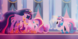 Size: 4000x2000 | Tagged: safe, artist:inspiredpixels, character:princess cadance, character:princess flurry heart, character:twilight sparkle, character:twilight sparkle (alicorn), species:alicorn, species:pony, episode:the last problem, g4, my little pony: friendship is magic, aunt and niece, castle, crown, crying, female, handkerchief, headcanon, headcanon in the description, immortality blues, implied death, implied shining armor, jewelry, magic, mother and child, mother and daughter, older, older flurry heart, older princess cadance, older twilight, peytral, princess twilight 2.0, regalia, sad, sisters-in-law, story included, telekinesis, tissue, wiping tears