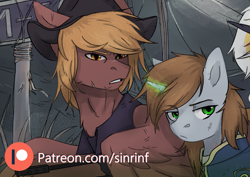 Size: 1603x1138 | Tagged: safe, artist:flysouldragon, oc, oc:calamity, oc:littlepip, species:pegasus, species:pony, species:unicorn, fallout equestria, g4, advertisement, clothing, cowboy hat, female, glowing horn, hat, hetero littlepip, horn, male, mare, patreon, patreon logo, patreon preview, piplamity, stallion, vault suit