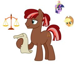 Size: 1280x1110 | Tagged: safe, artist:tenderrain46, character:applejack, character:twilight sparkle, oc, parent:applejack, parent:twilight sparkle, parents:twijack, species:earth pony, species:pony, g4, big crown thingy, element of magic, jewelry, magical lesbian spawn, male, offspring, regalia, scroll, simple background, stallion, transparent background