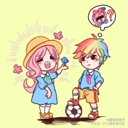 Size: 1668x1668 | Tagged: safe, artist:dez, character:fluttershy, character:rainbow dash, species:bird, species:human, g4, child, clothing, dress, duo, female, football, hat, humanized, shorts, sports, thought bubble, tomboy, younger