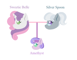 Size: 784x613 | Tagged: safe, artist:hazardous-andy, character:silver spoon, character:sweetie belle, oc, oc:amethyst, parent:silver spoon, parent:sweetie belle, species:pony, ship:silverbelle, g4, family tree, female, foal, lesbian, magical lesbian spawn, offspring, parents:silverbelle, shipping, simple background, white background