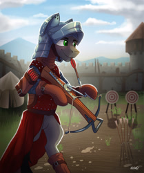 Size: 2503x3000 | Tagged: safe, artist:helmie-d, oc, oc only, species:earth pony, species:pony, g4, armor, arrow, clothing, colored pupils, crossbow, eyebrows, fort, helmet, high res, hoof hold, male, mouth hold, quiver, reloading, signature, solo, stallion, standing on two hooves, target, tent, three quarter view