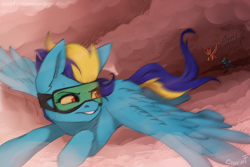 Size: 3720x2480 | Tagged: safe, artist:flysouldragon, oc, oc:blue angel, species:pegasus, species:pony, g4, cloud, commission, digital art, flying, glasses, simple shading, solo, wings, ych result, your character here