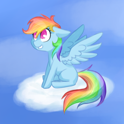 Size: 550x550 | Tagged: safe, artist:breadcipher, character:rainbow dash, species:pegasus, species:pony, g4, cloud, colored pupils, female, floppy ears, mare, missing cutie mark, on a cloud, sky, smiling, solo