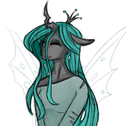 Size: 1280x1280 | Tagged: safe, artist:breadcipher, character:queen chrysalis, species:anthro, species:changeling, g4, bust, changeling queen, clothing, crown, cute, cutealis, eyes closed, female, jewelry, off shoulder, regalia, simple background, smiling, solo, white background
