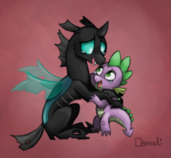 Size: 664x610 | Tagged: safe, artist:breadcipher, character:spike, character:thorax, species:changeling, species:dragon, episode:the times they are a changeling, g4, my little pony: friendship is magic, crying, duo, male, open mouth, red background, simple background, smiling, tears of joy, teary eyes