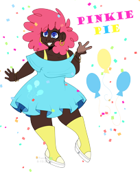 Size: 3300x4036 | Tagged: safe, artist:tuzz-arts, derpibooru original, character:pinkie pie, species:human, g4, boots, bracelet, chubby, clothing, dark skin, dress, ear piercing, earring, female, frilly dress, humanized, jewelry, piercing, platform shoes, shoes, simple background, smiling, solo, text, transparent background