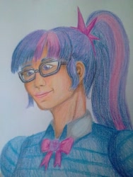 Size: 2448x3264 | Tagged: safe, artist:edhelistar, character:twilight sparkle, character:twilight sparkle (scitwi), species:eqg human, species:human, g4, my little pony:equestria girls, blouse, bow tie, bust, clothing, geode of telekinesis, glasses, human coloration, magical geodes, ponytail, simple background, traditional art, white background