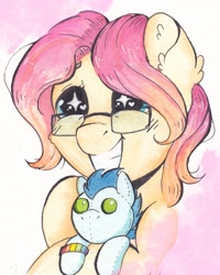 Size: 2828x3534 | Tagged: safe, artist:lightisanasshole, character:soarin', oc, oc:barpy, species:pegasus, species:pony, g4, excited, glasses, happy, heart eyes, pegasus oc, plushie, profile, profile picture, smiley face, solo, traditional art, watercolor painting, wingding eyes, wings