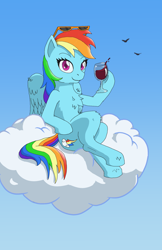 Size: 1098x1696 | Tagged: safe, artist:friendshipishorses, character:rainbow dash, species:bird, species:pegasus, species:pony, g4, alcohol, chest fluff, cloud, crossed legs, female, glass, hoof hold, looking at you, mare, sitting, sky, smiling, solo, sunglasses, wine, wine glass