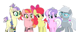 Size: 3500x1466 | Tagged: safe, artist:angelina-pax, artist:dianamur, base used, character:apple bloom, character:diamond tiara, character:silver spoon, oc, oc:apple punch, oc:pristine pearl, parent:apple bloom, parent:diamond tiara, parents:diamondbloom, species:earth pony, species:pony, icey-verse, ship:applespoon, ship:diamondbloom, ship:silvertiara, g4, alternate hairstyle, apple bloom's bow, blank flank, bow, commission, ear piercing, earring, eyebrow piercing, eyeshadow, family, female, glasses, hair bow, jewelry, lesbian, magical lesbian spawn, makeup, mare, mother and child, mother and daughter, necklace, nonbinary, nose piercing, nose ring, offspring, older, older apple bloom, older diamond tiara, older silver spoon, open mouth, piercing, polyamory, raised hoof, scar, shipping, siblings, silverdiamondbloom, simple background, sisters, tattoo, tiara, transparent background, twins, wall of tags, ych result