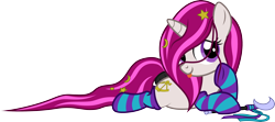 Size: 3720x1648 | Tagged: safe, artist:lightning stripe, derpibooru original, oc, oc:zew, species:pony, species:unicorn, g4, clothing, commission, cute, cutie mark, female, filly, foal, horn, long mane, long tail, lying down, ocbetes, pink mane, prone, purple eyes, ribbon, show accurate, simple background, smiling, socks, solo, striped socks, tail wrap, thigh highs, transparent background, vector, wand, white coat