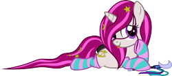 Size: 3720x1648 | Tagged: safe, alternate version, artist:lightning stripe, derpibooru original, edit, oc, oc:zew, species:pony, species:unicorn, g4, clothing, color edit, colored, commission, cute, cutie mark, female, filly, foal, horn, long mane, long tail, lying down, ocbetes, pink mane, prone, purple eyes, ribbon, show accurate, simple background, smiling, socks, solo, striped socks, tail wrap, thigh highs, transparent background, vector, wand, white coat