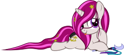 Size: 3720x1648 | Tagged: safe, artist:lightning stripe, derpibooru original, oc, oc:zew, species:pony, species:unicorn, g4, accessory-less edit, clothing, commission, cute, cutie mark, female, filly, foal, horn, long mane, long tail, lying down, missing accessory, ocbetes, pink mane, prone, purple eyes, ribbon, show accurate, simple background, smiling, solo, tail wrap, transparent background, vector, wand, white coat