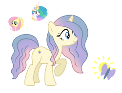 Size: 1280x979 | Tagged: safe, artist:tenderrain46, base used, character:fluttershy, character:princess celestia, oc, parent:fluttershy, parent:princess celestia, parents:flutterlestia, species:pony, species:unicorn, ship:flutterlestia, g4, female, lesbian, magical lesbian spawn, mare, offspring, shipping, simple background, transparent background