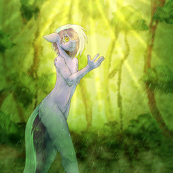 Size: 3300x3300 | Tagged: safe, artist:tuzz-arts, oc, oc only, oc:berry frost, species:anthro, g4, anthro oc, blurred background, butt freckles, chest fluff, chest freckles, ear freckles, featureless crotch, fluffy, forest, freckles, male, multicolored hair, nudity, rain, rainforest, shoulder fluff, shoulder freckles, solo