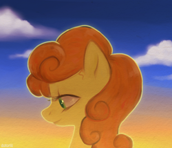 Size: 700x600 | Tagged: safe, artist:dotoriii, character:carrot top, character:golden harvest, species:earth pony, species:pony, backlighting, cloud, female, looking down, mare, profile, sky, smiling, solo, sunrise