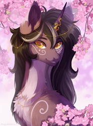 Size: 1476x2000 | Tagged: safe, artist:magicbalance, rcf community, oc, oc only, oc:rivibaes, species:pony, species:unicorn, g4, bust, chest fluff, female, flower, fluffy, looking at you, mare, pale belly, portrait, solo