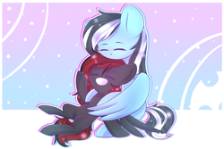Size: 1800x1200 | Tagged: safe, artist:twily-star, oc, oc only, oc:buffonsmash, oc:dicemare, species:pegasus, species:pony, g4, abstract background, art, beautiful, black, black and red, blue, blue oc, colored, commission, cuddling, cute, dicesmash, digital art, eyes closed, female, finished commission, grey oc, hair, hug, long hair, long mane, male, mane, mare, open mouth, pegasus oc, pretty, red, shading, sitting, snuggling, stallion, wings