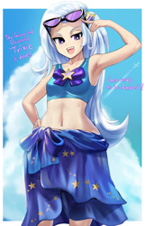 Size: 798x1240 | Tagged: safe, artist:chigusa, character:trixie, species:human, g4, anime, armpits, belly button, bikini, clothing, dialogue, female, hand on hip, humanized, midriff, open mouth, sarong, smiling, solo, sunglasses, swimsuit