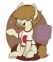 Size: 2224x2560 | Tagged: safe, artist:dumbwoofer, oc, oc only, oc:goldie mops, species:pony, g4, bucktooth, clothing, female, long mane, mare, neet, shirt, simple background, sitting, solo, text, transparent background, underhoof, weeb