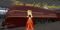 Size: 1024x512 | Tagged: safe, artist:trainman3985, oc, oc only, oc:shine, species:eqg human, g4, my little pony:equestria girls, breasts, cleavage, clothing, dress, female, gown, solo, steam locomotive, train, train station