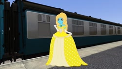 Size: 900x507 | Tagged: safe, artist:trainman3985, character:octavia melody, oc, oc only, oc:shine, species:eqg human, g4, my little pony:equestria girls, breasts, cleavage, clothing, dress, female, gown, solo, train, train station