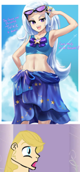 Size: 798x1719 | Tagged: safe, artist:chigusa, edit, character:prince blueblood, character:trixie, species:human, ship:bluetrix, g4, anime, armpits, aroused, belly button, bikini, clothing, dialogue, female, hand on hip, humanized, male, midriff, open mouth, sarong, shipping, smiling, straight, sunglasses, swimsuit