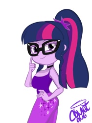 Size: 512x680 | Tagged: safe, artist:comet0ne, character:twilight sparkle, character:twilight sparkle (scitwi), species:eqg human, g4, my little pony:equestria girls, breasts, busty sci-twi, busty twilight sparkle, clothing, female, leggings, simple background, solo, white background