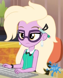 Size: 850x1050 | Tagged: safe, artist:rjp.rammy, character:grace manewitz, species:eqg human, g4, my little pony:equestria girls, bow tie, bracelet, chair, clothing, ear piercing, earring, equestria girls-ified, female, glasses, jewelry, keyboard, pencil, piercing, shirt, sleeveless, solo, unamused, wristband