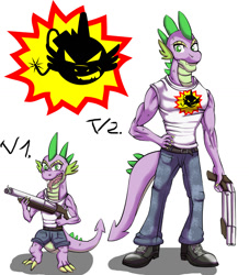 Size: 1134x1247 | Tagged: safe, artist:urhangrzerg, character:spike, species:dragon, g4, clothing, crossover, male, serious sam, weapon